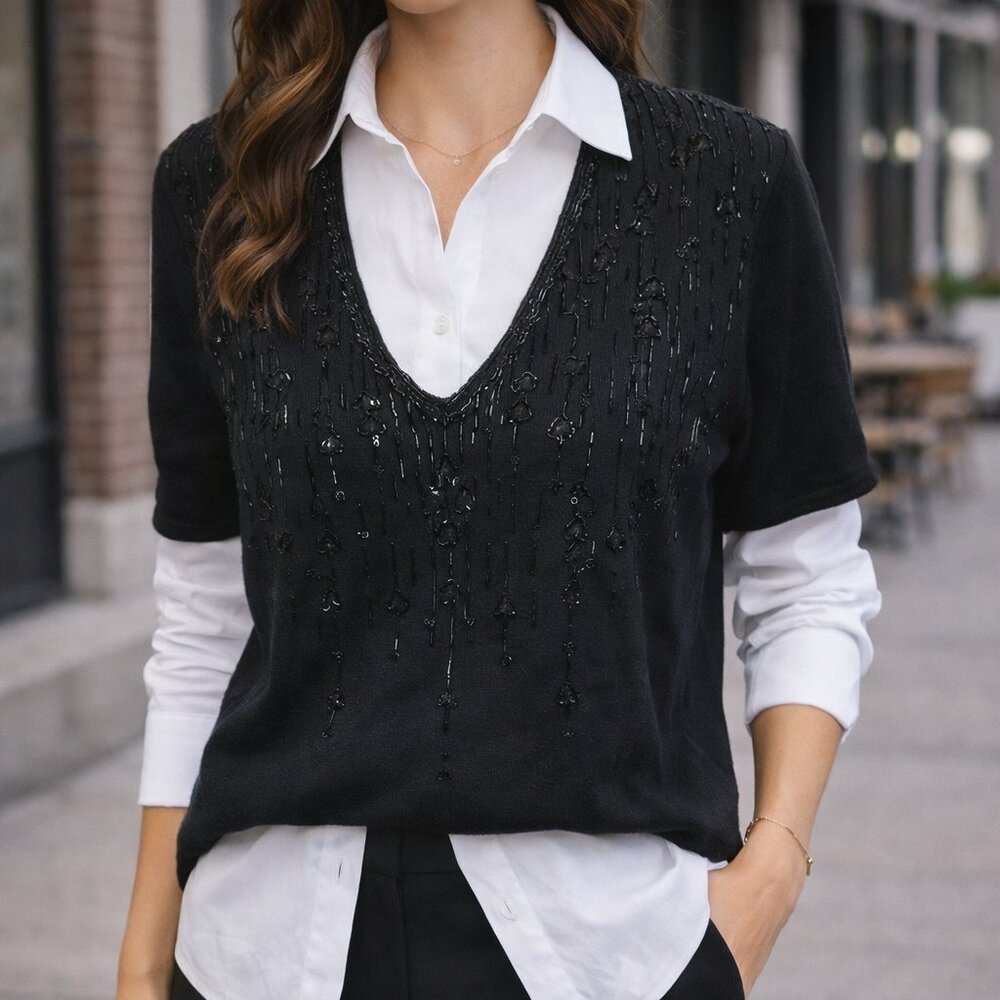 Vintage Black Beaded 100% Wool Short Sleeve Sweater Top Elegant Evening Large